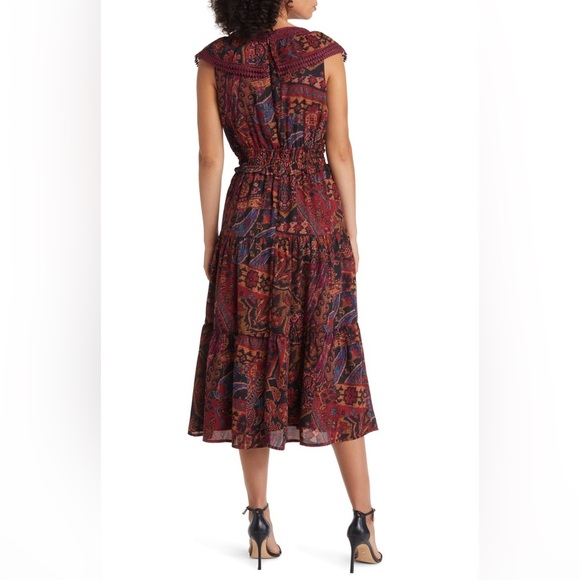 TAHARI ASL Print Lace Trim Tiered Midi Dress - Size 8 - Picture 8 of 16